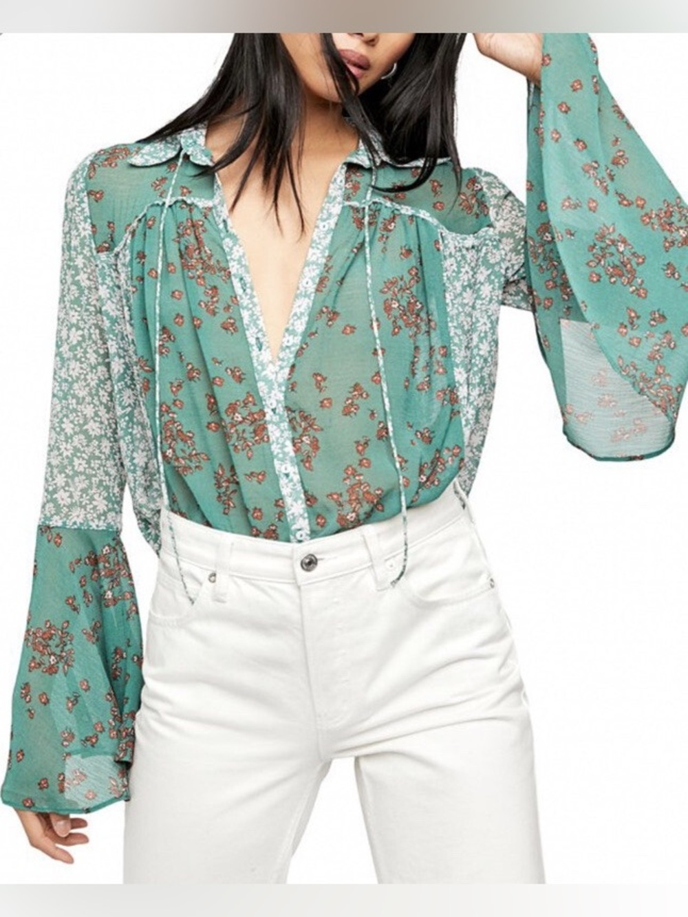 Free People Serena Sheer Floral Flowy Printed Bell Sleeve Blouse Emerald Small